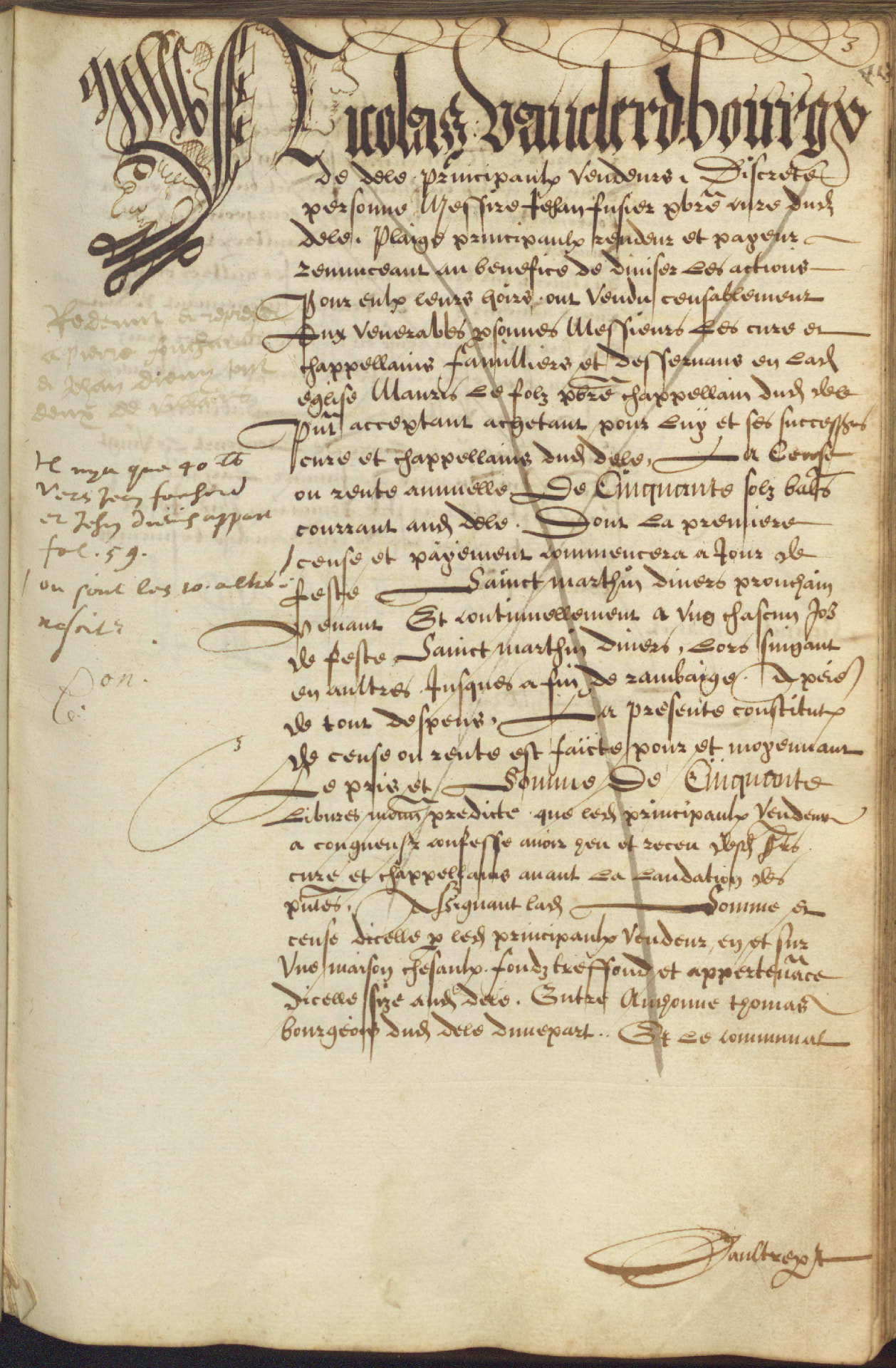 Page manuscrite originale de 1571 du registre des rentes de Delle, avec une grande lettrine N ornée pour Nicolas Vauclerd et des notes en marge.