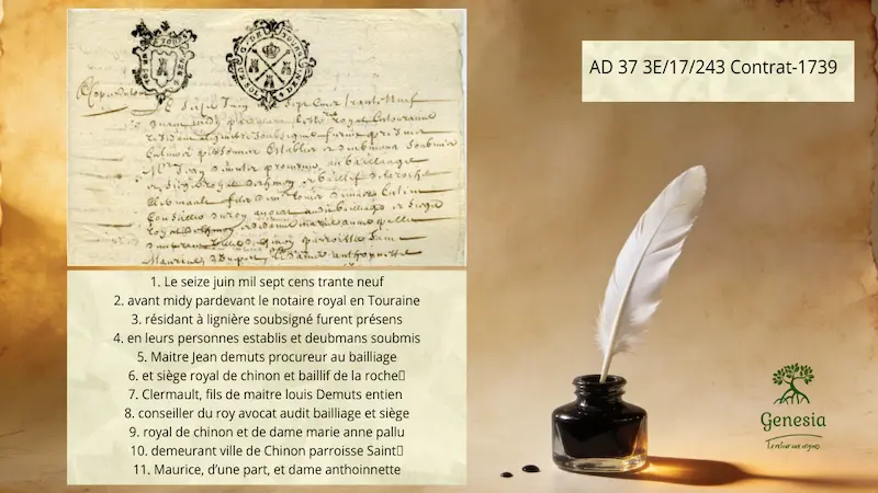 Comparaison entre un acte de mariage original de 1739 et sa transcription dactylographiée ligne par ligne.