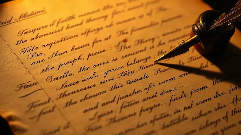 Plume d'oie et encrier posés sur un manuscrit ancien écrit à la main en vieux français.