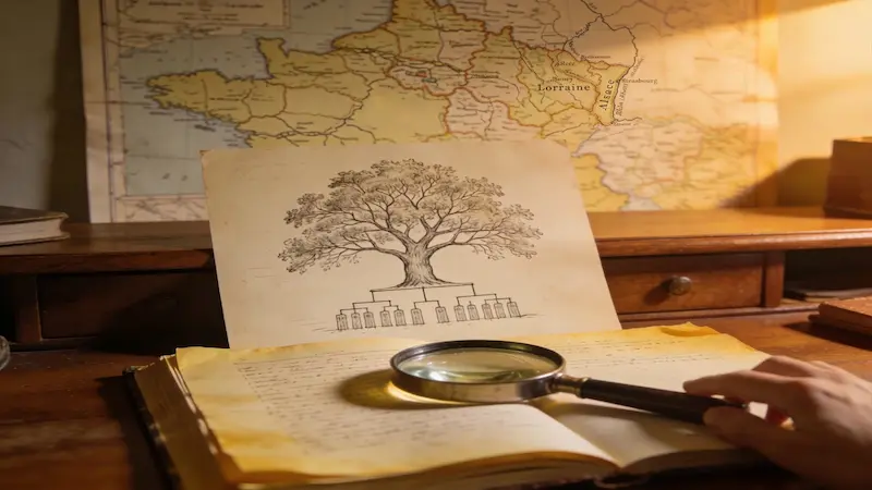 Carte ancienne de la France avec un focus sur l'Alsace et la Lorraine, accompagnée d'un dessin d'arbre généalogique.
