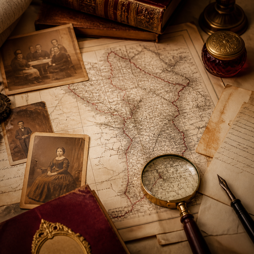 Carte ancienne de l'Alsace-Lorraine entourée de photographies de famille sépia, d'une loupe et d'un porte-plume.
