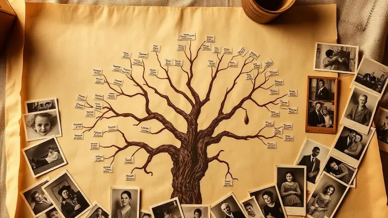 Représentation artistique d'un arbre généalogique entouré de portraits de famille anciens en noir et blanc.