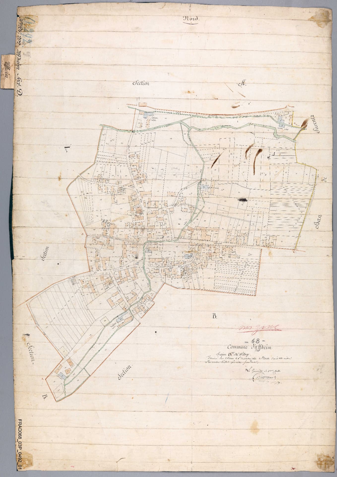 Plan cadastral napoléonien de la section du village d'Uffheim (Haut-Rhin), parcelles numérotées et cours d'eau, Archives départementales du Haut-Rhin, cote 3P 492.