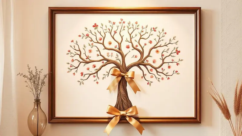 Arbre généalogique illustré et encadré avec des rubans dorés, posé sur un meuble élégant.