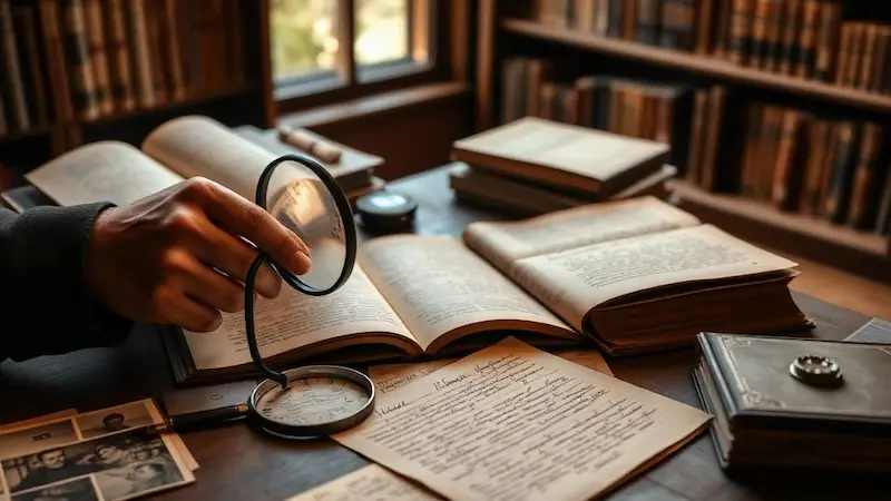 Vue rapprochée de registres anciens ouverts avec une loupe posée sur des manuscrits d'archives.