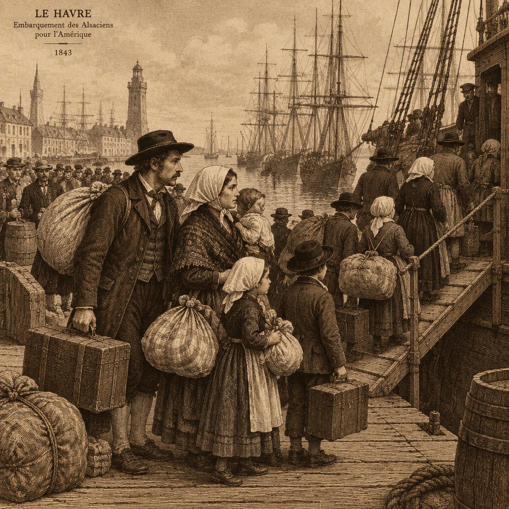 Gravure ancienne montrant une famille alsacienne avec ses bagages embarquant au port du Havre pour l'Amérique en 1843.