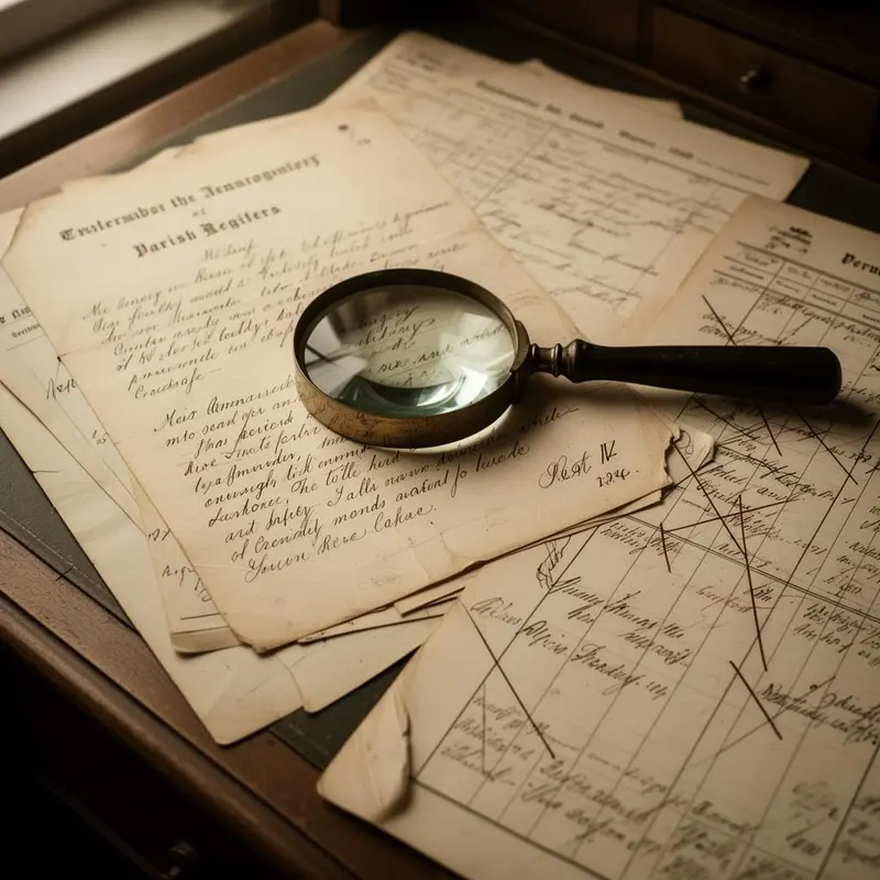 Loupe examinant un document d'archive complexe pour détecter des erreurs de transcription.