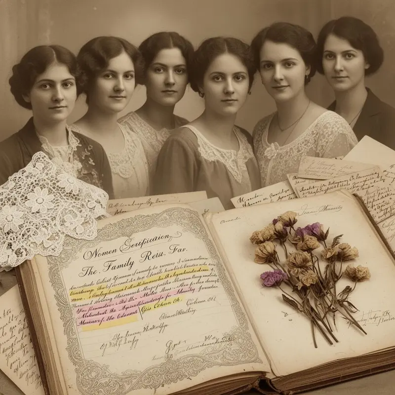 Groupe de femmes en tenues d'époque posées devant des dentelles et des documents de famille anciens.