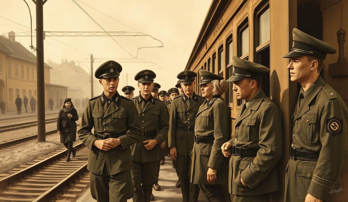 Jeunes Alsaciens-Mosellans incorporés de force dans la Wehrmacht en 1943, sur un quai de gare, scène d'adieu, illustration sépia.