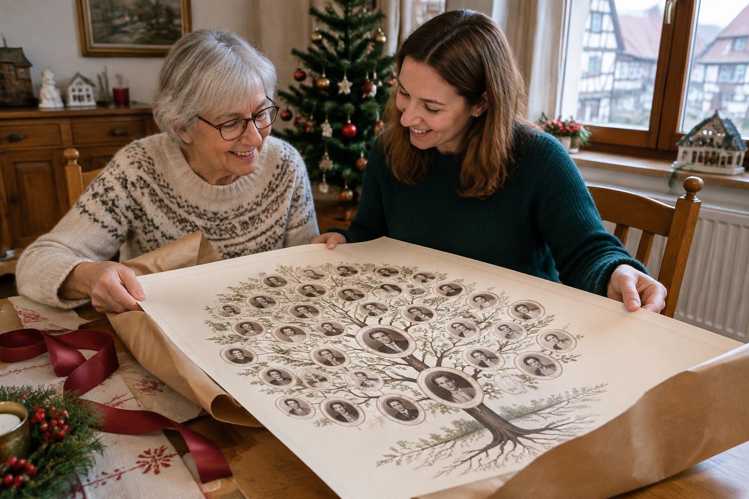 Illustration générée par IA : une mère et sa fille découvrent un arbre généalogique offert à Noël, dans un intérieur alsacien.