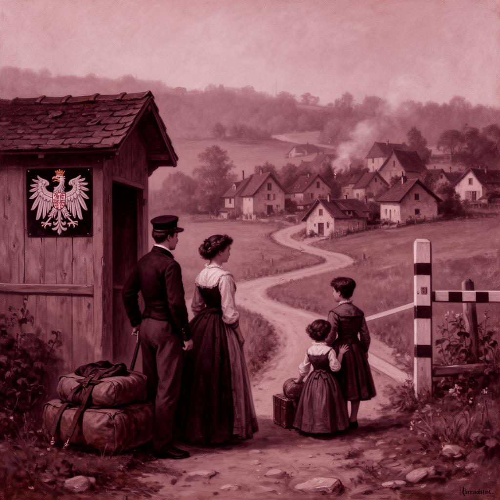 Famille alsacienne-lorraine en 1871 devant un poste-frontière marqué de l'aigle prussien, illustrant le choix des Optants.