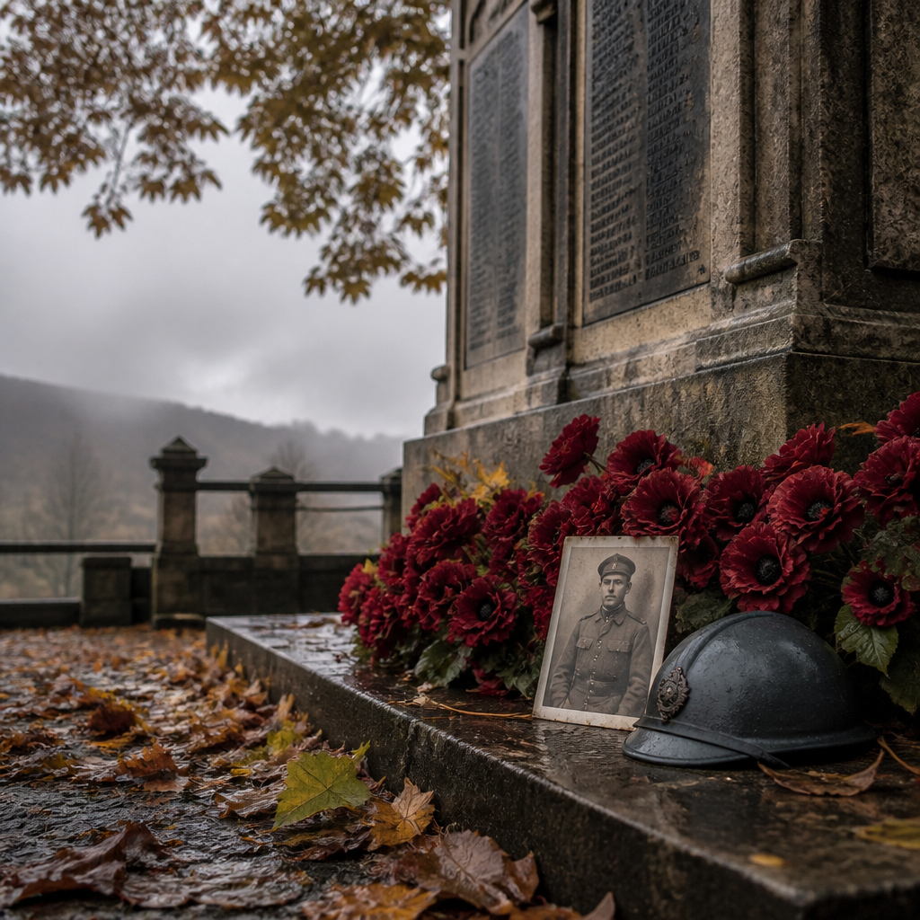 Monument aux morts de la Grande Guerre en Lorraine, coquelicots, casque Adrian et photographie ancienne d'un soldat.