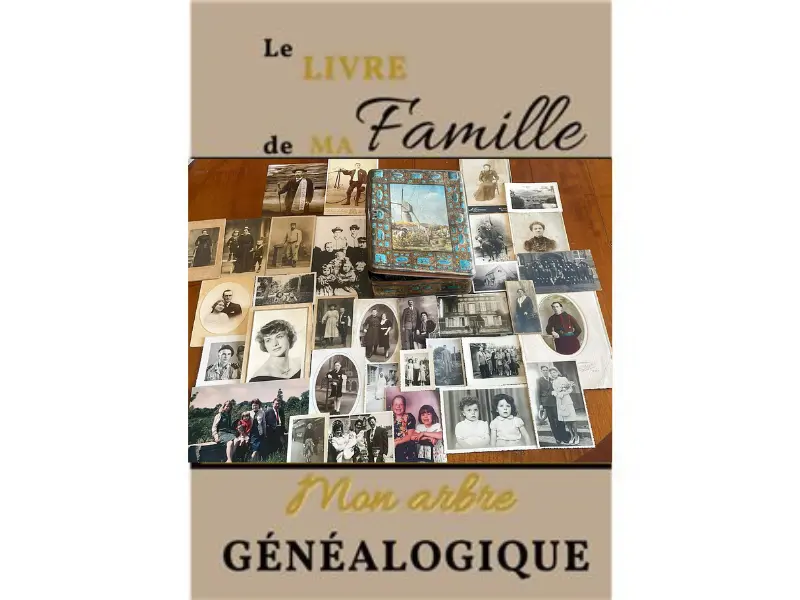 Livre de famille ouvert avec photos et récits historiques
