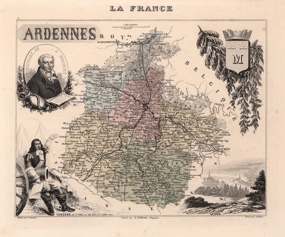 Carte historique des Ardennes avec limites et noms de lieux