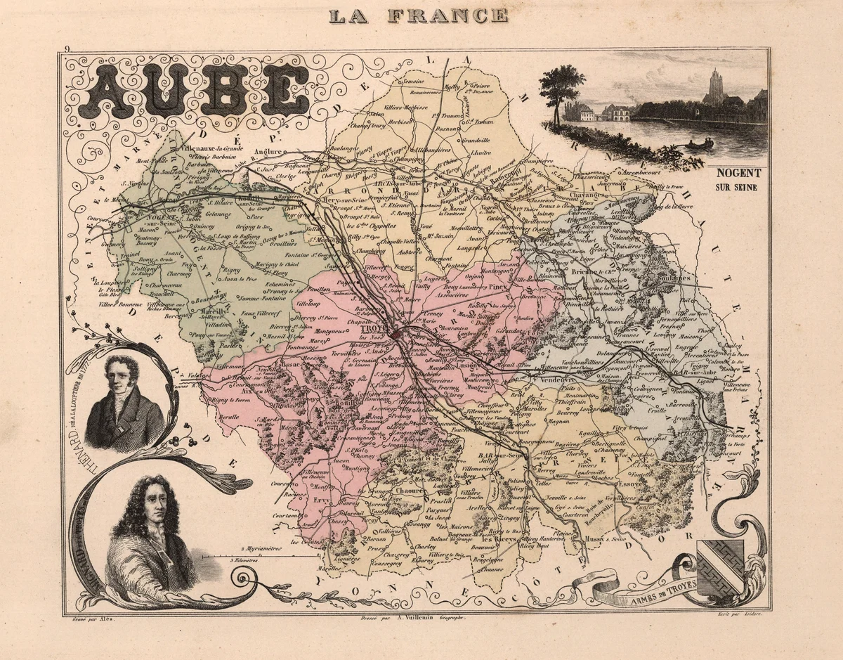 Carte historique de l'Aube avec limites et noms de lieux