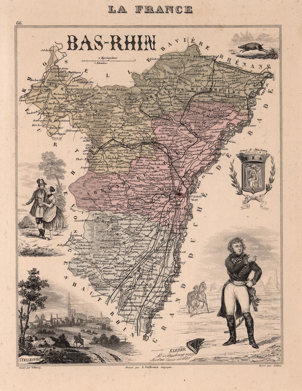 Carte historique du Bas-Rhin avec limites et noms de lieux