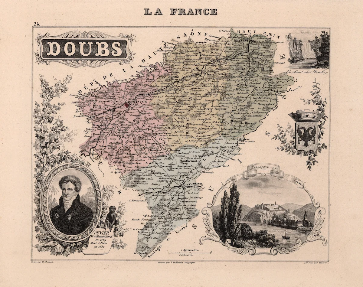 Carte historique du Doubs avec limites et noms de lieux