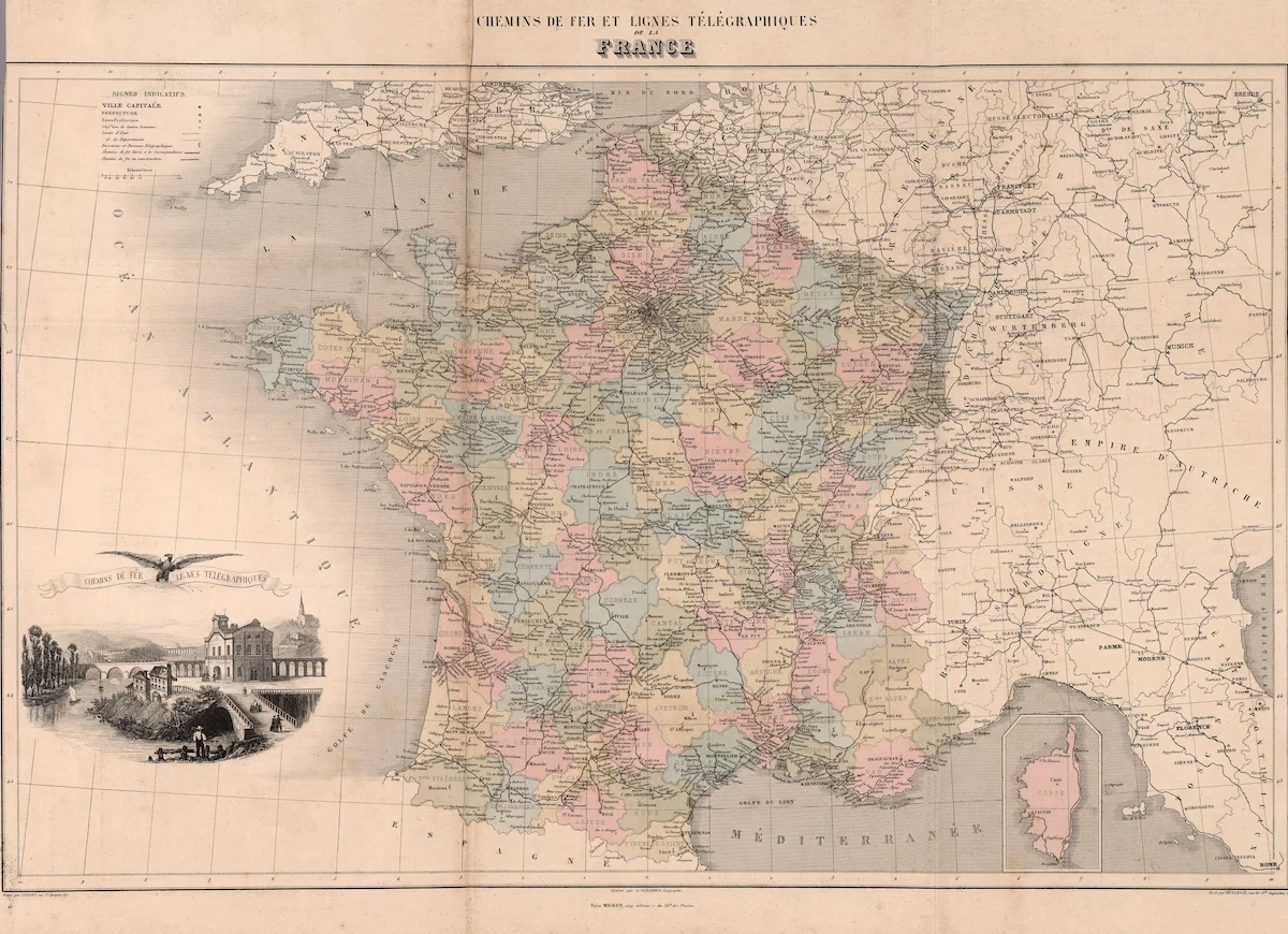 Historical map of France showing place names