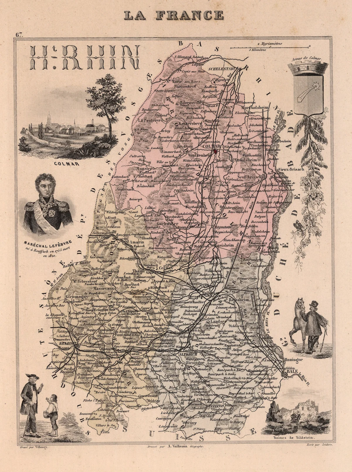 Carte historique du Haut-Rhin avec limites et noms de lieux