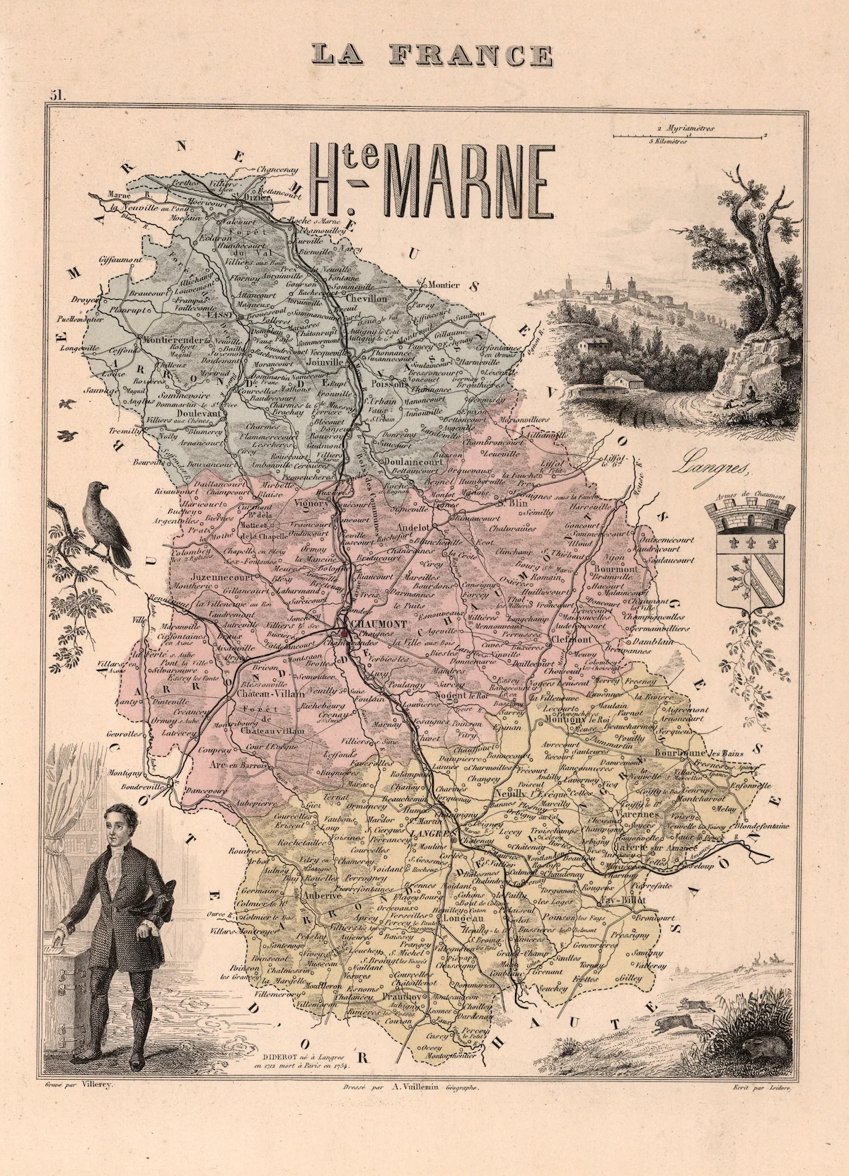 Carte historique de la Haute-Marne avec limites et noms de lieux