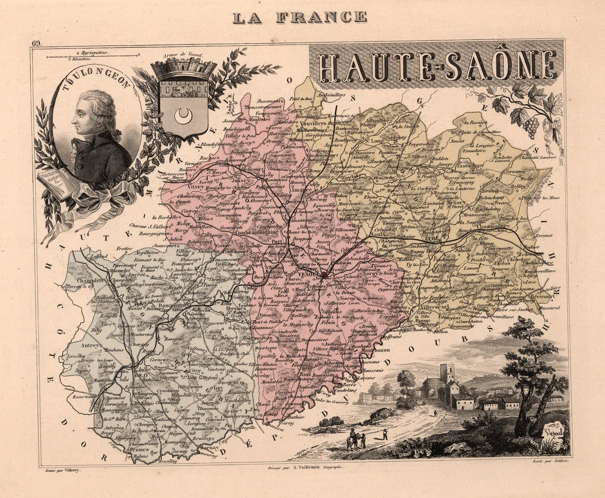Carte historique de Haute-Saône avec limites et noms de lieux