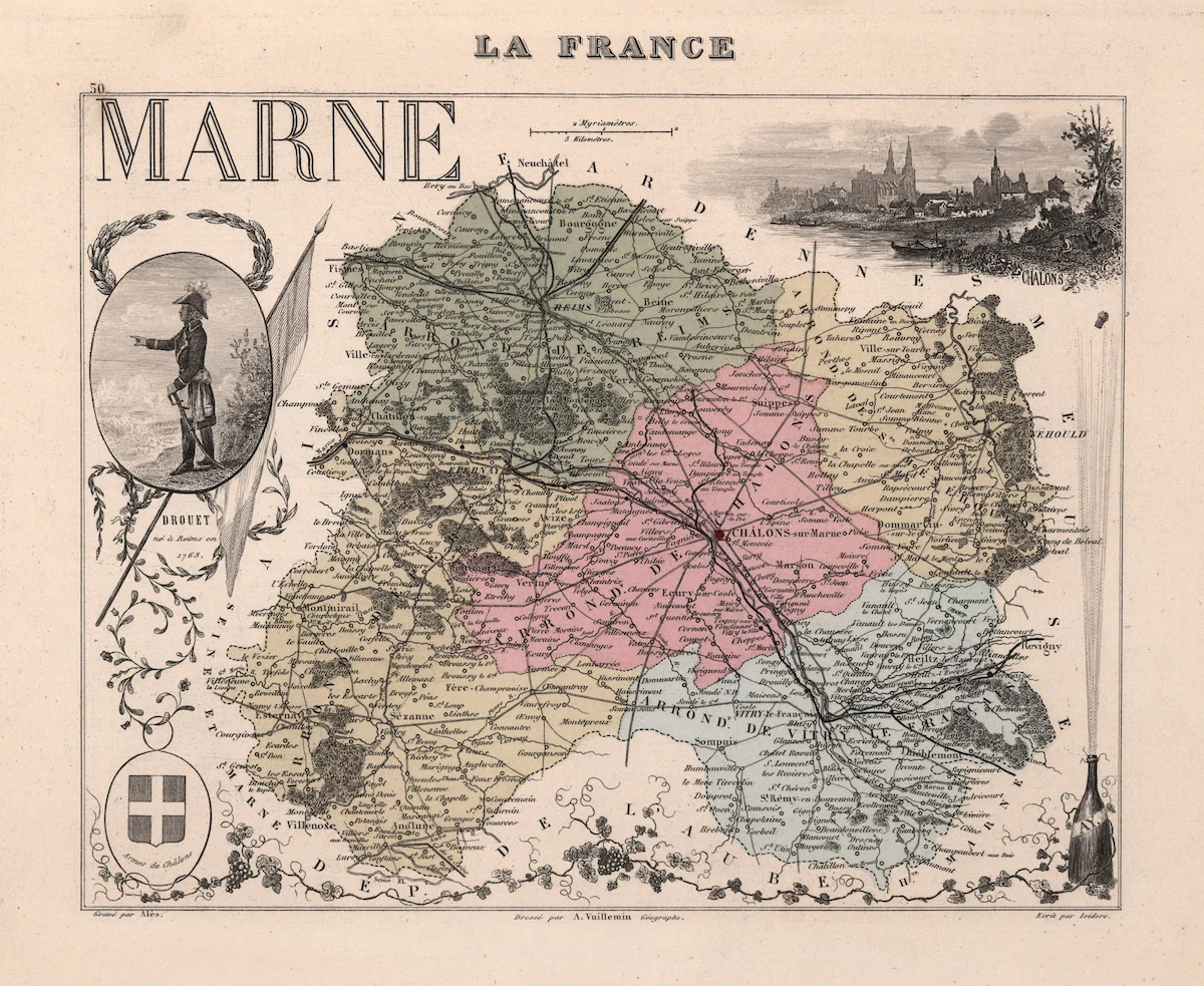 Carte historique de la Marne avec limites et noms de lieux