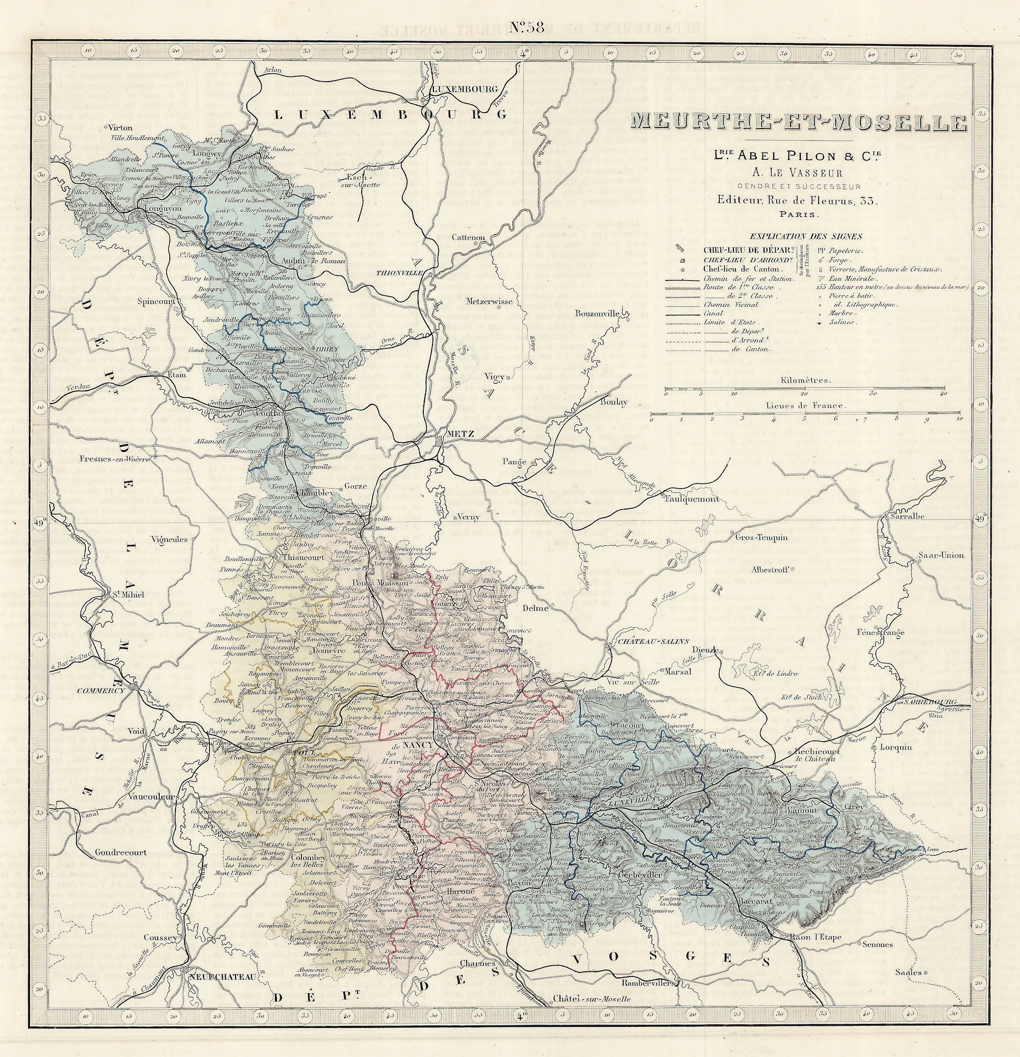 Carte historique de Meurthe-et-Moselle avec limites et noms de lieux