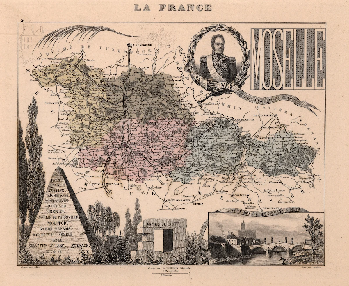 Carte historique de Moselle avec limites et noms de lieux