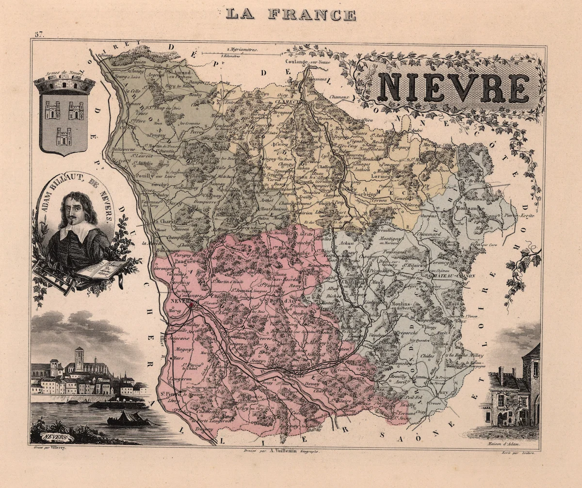 Carte historique de la Nièvre avec limites et noms de lieux