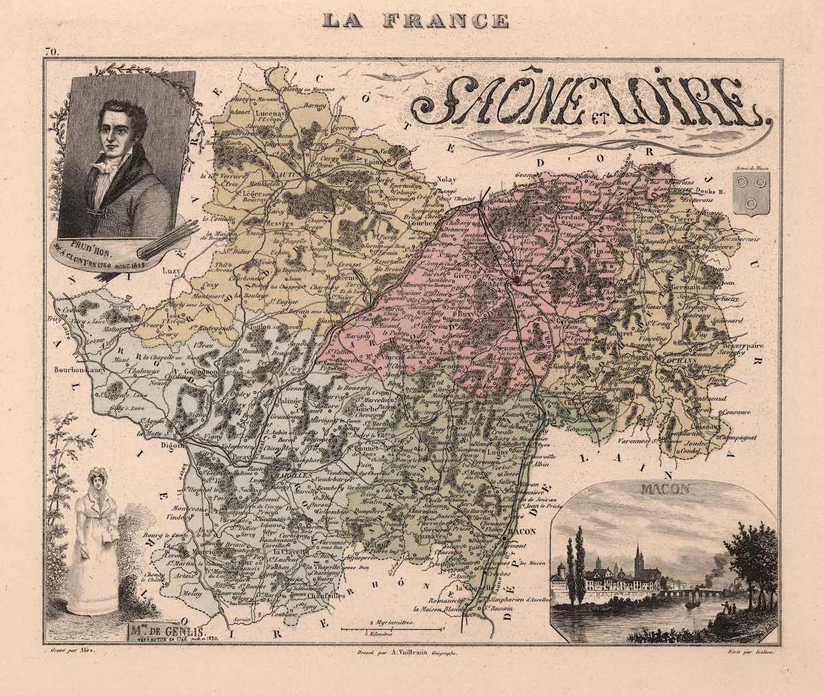 Carte historique de Saône-et-Loire avec limites et noms de lieux