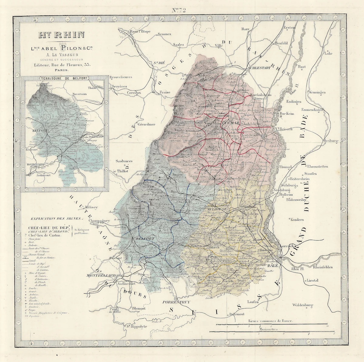 Carte historique du Haut-Rhin avec un encart consacré au Territoire de Belfort, en haut à gauche