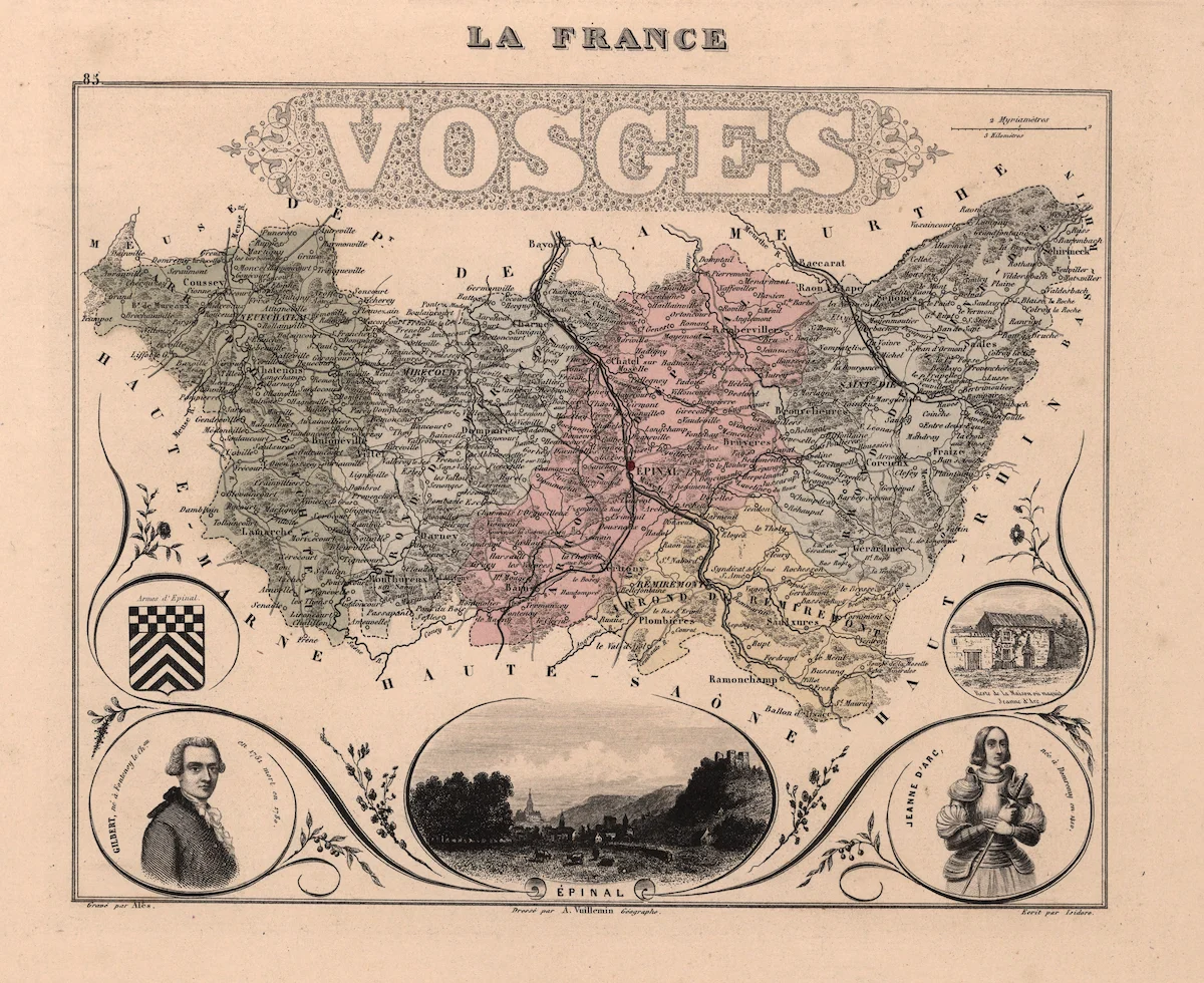 Carte historique des Vosges avec limites et noms de lieux